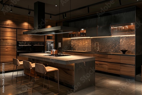 a modern kitchen in a loft with wooden walls