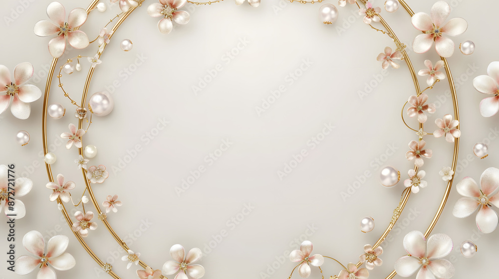 A gold and white flowery design with pearls and beads A gold and white flowery design with pearls and beads