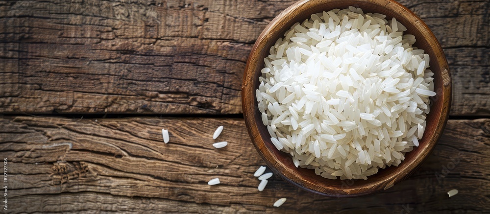 High-resolution top-view close-up of white rice in a wooden bowl with abundant copy space image. High-resolution top-view close-up of white rice in a wooden bowl with abundant copy space image.