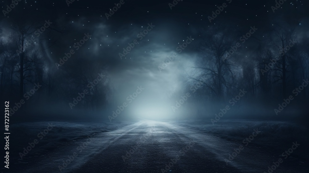 Fog-covered road in a spooky, moonlit forest. Fog-covered road in a spooky, moonlit forest.