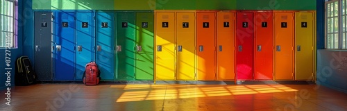 Colorful School Lockers With Backpack In A Bright Hallway