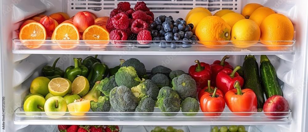 Organized fridge shelves with healthy food Organized fridge shelves with healthy food