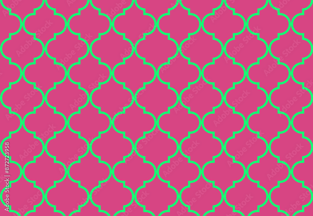 Fototapeta premium Moroccan Pink Green seamless pattern, Design Iranian Mosque Window Shape. Eid Mubarak Islam. Ramadan Traditional Ramadan Islamic Background. Moroccan Mosaic Texture.