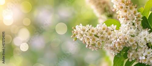 A corymb of spirea blossoms in bloom during spring with a blurred green background on the left side, featured in the right half of the copy space image. photo