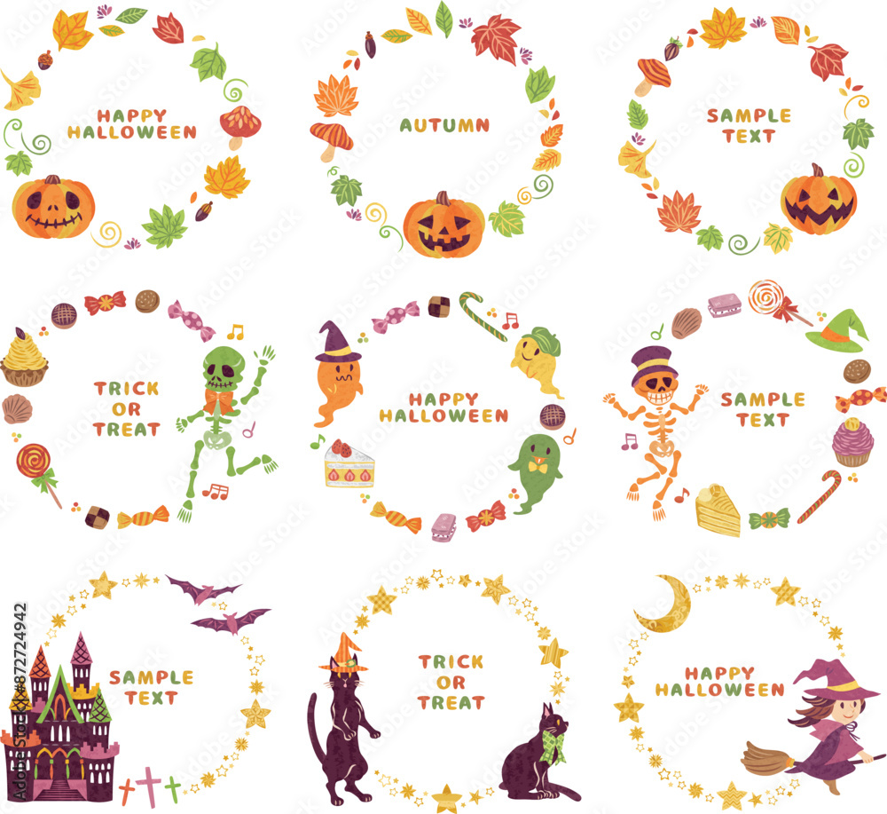 Φωτογραφία 10月　ハロウィーン　イラスト素材　丸フレームセット