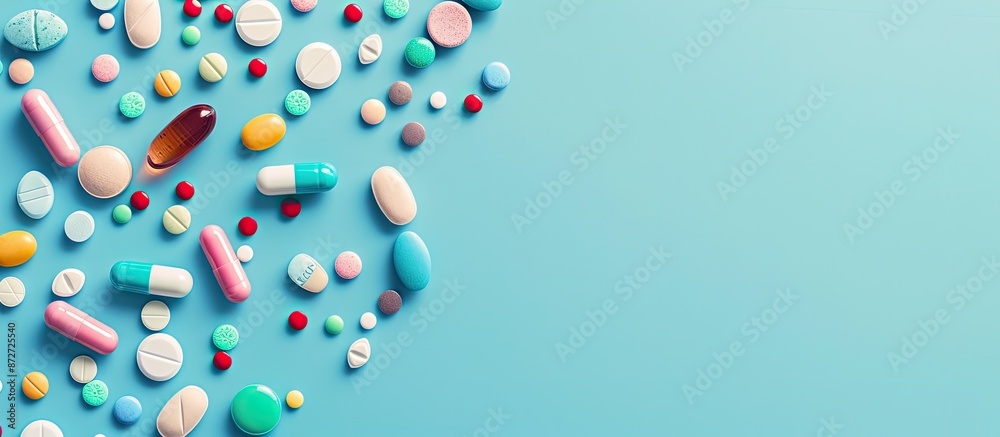 Assorted pharmaceutical pills, tablets, and capsules displayed on a blue background with ample copy space image. Assorted pharmaceutical pills, tablets, and capsules displayed on a blue background with ample copy space image.