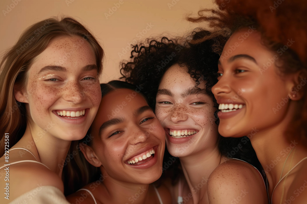 group of multiethnic female models with different skin tones in a studio, beige background, soft beige and pink color palette, natural lighting, happy mood, natural makeup,natural makeup, skin care group of multiethnic female models with different skin tones in a studio, beige background, soft beige and pink color palette, natural lighting, happy mood, natural makeup,natural makeup, skin care