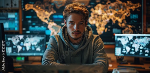 Young Man in Hoodie Working in Front of Multiple Computer Monitors With World...