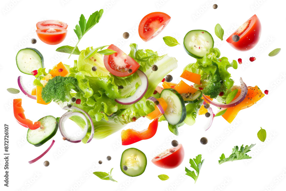 Φωτογραφία Mixing Salad of different vegetables green lettuce, spinach, onion and other flying in the air isolated on background, fresh organic food