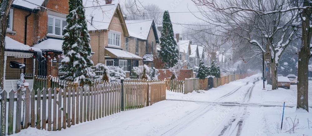 Obraz premium During winter, a charming row of houses with snowy yards enclosed by wooden fences creates a picturesque scene perfect for a copy space image.