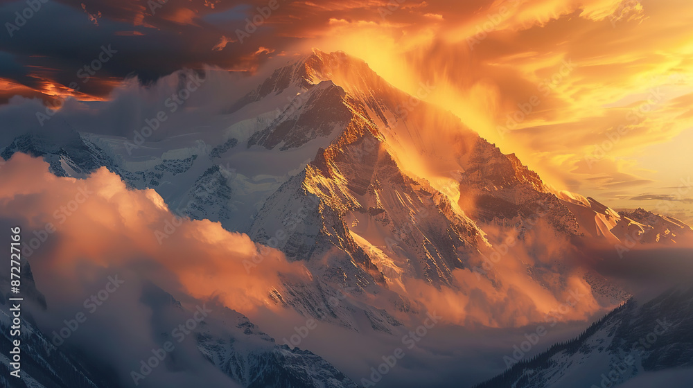 A majestic mountain peak towering above the clouds, bathed in golden sunlight with a soft mist rising from its base