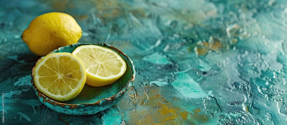 Freshly squeezed lemon juice in a glass on a turquoise stone or concrete table with copy space image. Freshly squeezed lemon juice in a glass on a turquoise stone or concrete table with copy space image.