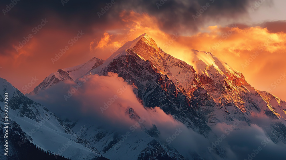 A majestic mountain peak towering above the clouds, bathed in golden sunlight with a soft mist rising from its base A majestic mountain peak towering above the clouds, bathed in golden sunlight with a soft mist rising from its base