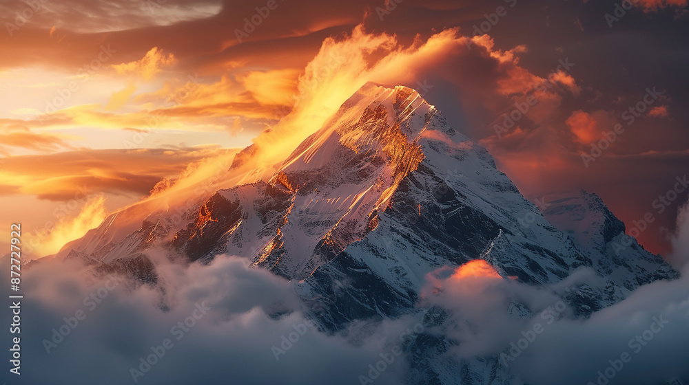 A majestic mountain peak towering above the clouds, bathed in golden sunlight with a soft mist rising from its base A majestic mountain peak towering above the clouds, bathed in golden sunlight with a soft mist rising from its base