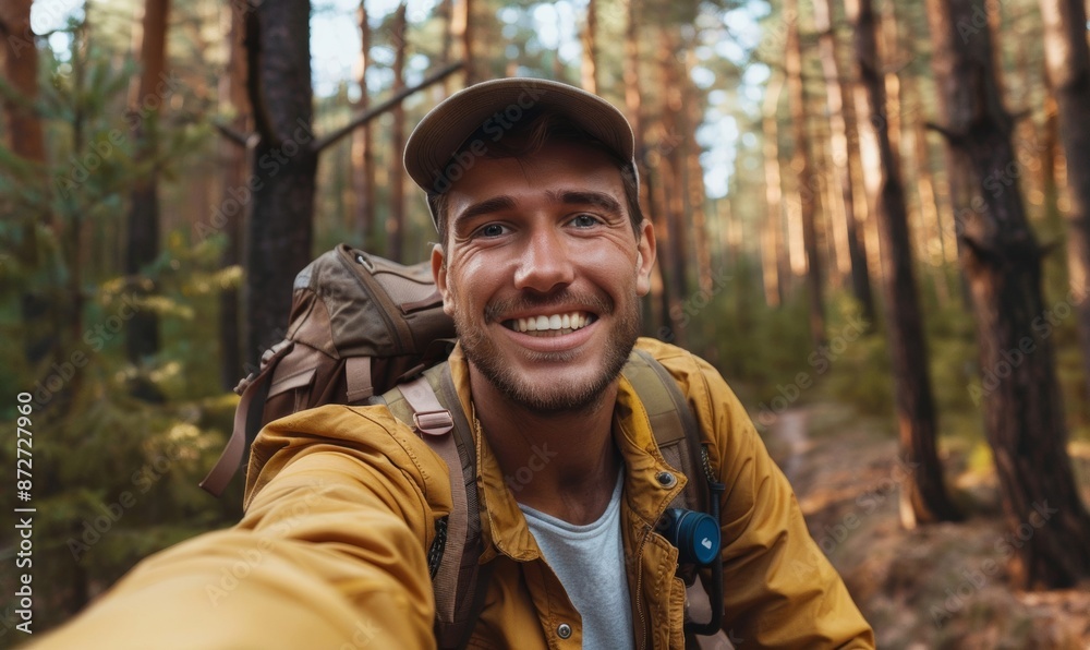 A man carrying a backpack pauses in a quiet forest to take a selfie. A man carrying a backpack pauses in a quiet forest to take a selfie.