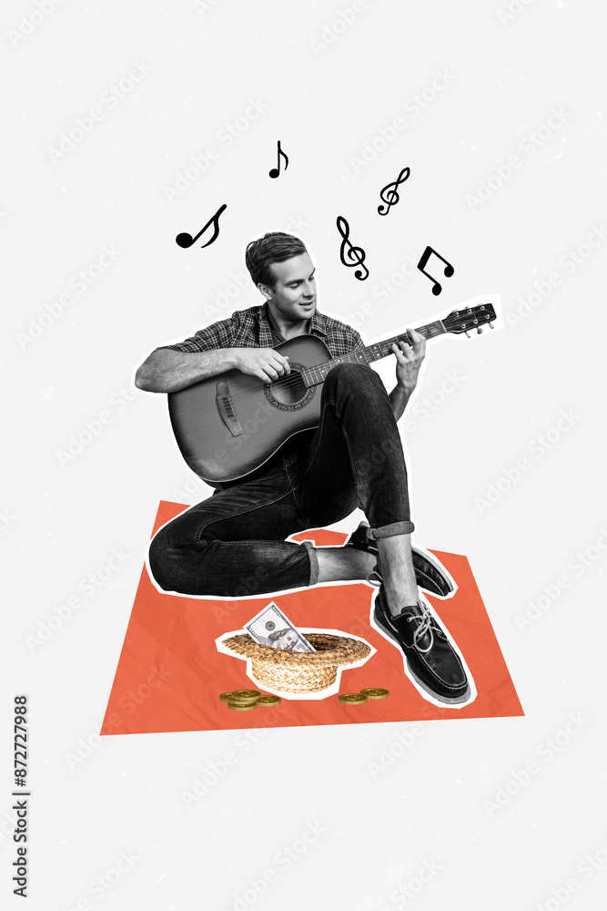 Φωτογραφία Vertical photo collage of happy man urban guitarist play charity hat earn money