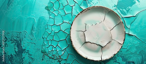 An image featuring a cracked plate with layers of separation displayed against a turquoise background, with space for adding text or other elements. copy space available photo