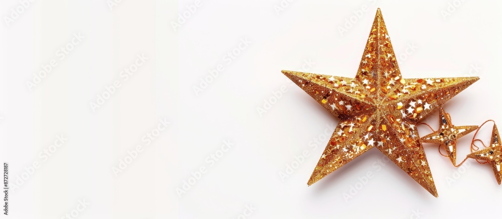 Close-up top-view rendering of a shining Christmas star in gold against a white backdrop with ample copy space image. Close-up top-view rendering of a shining Christmas star in gold against a white backdrop with ample copy space image.