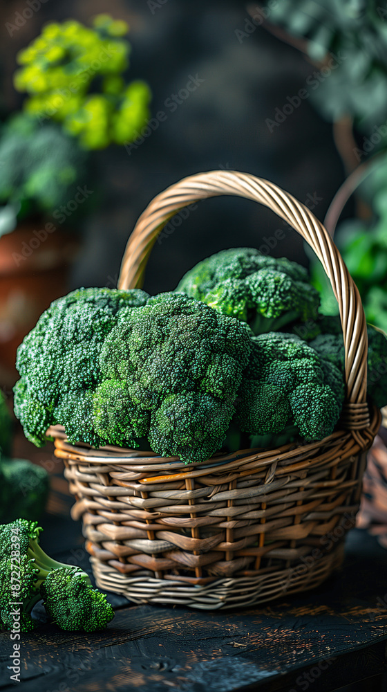 Freshly harvested broccoli filling a rustic basket displayed on a weathered wooden surface Freshly harvested broccoli filling a rustic basket displayed on a weathered wooden surface