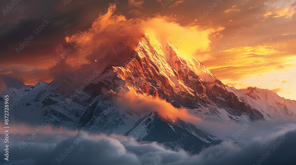 A majestic mountain peak towering above the clouds, bathed in golden sunlight with a soft mist rising from its base A majestic mountain peak towering above the clouds, bathed in golden sunlight with a soft mist rising from its base