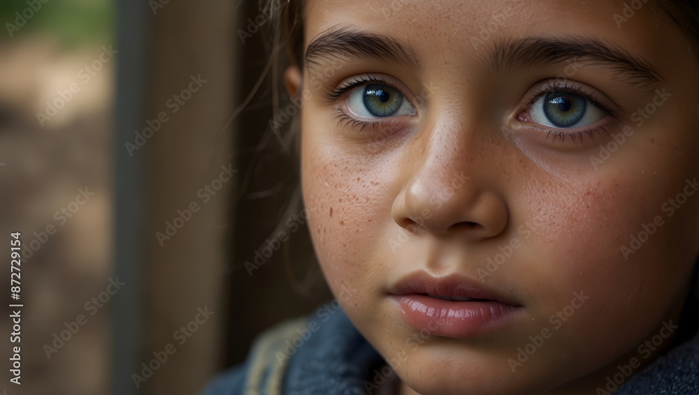 Fototapeta premium The glimmer of hope in a child's eyes after a long journey ai_generated