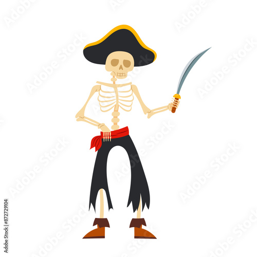 Skeleton of a pirate with a saber in a flat style on a white background. Cartoon kids pirate character.