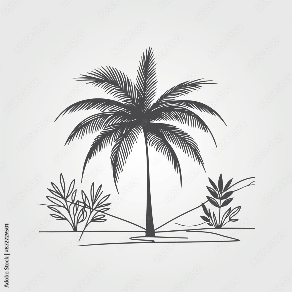 Fototapeta premium Black palm tree, isolated on white background. Palm silhouettes. Design of palm trees for posters, banners and promotional items. Vector illustration