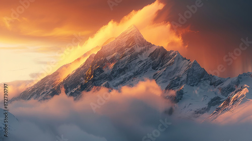 A majestic mountain peak towering above the clouds, bathed in golden sunlight with a soft mist rising from its base © 沈军 贡