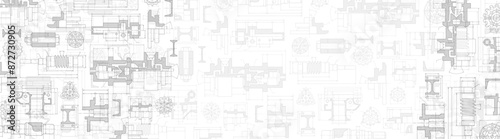 Engineering industrial background from technical drawing elements. Horizontal light banner for engenering, industrial, technology or automation conceptual design.