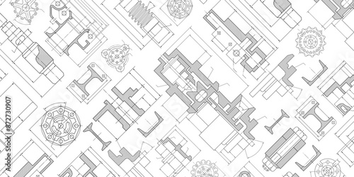 Engineering industrial background from technical drawing elements. Horizontal  banner for engenering, industrial, technology or automation conceptual design.
