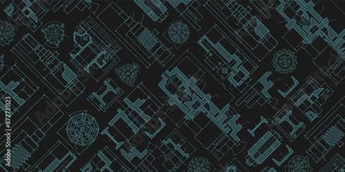 Engineering industrial background from technical drawing elements. Horizontal dark blue banner for engenering, industrial, technology or automation conceptual design.