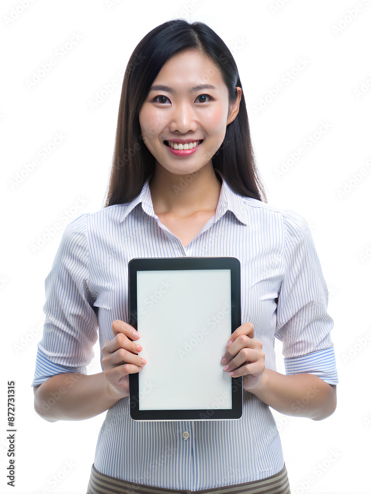 Asian Woman Hands holding a tablet on white surface, on isolate white background, Clipping path Asian Woman Hands holding a tablet on white surface, on isolate white background, Clipping path