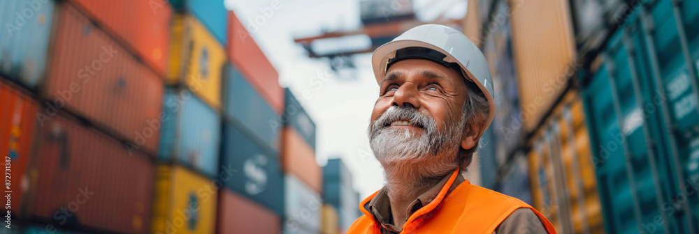 Indian worker standing in front of stacked shipping containers. Container terminal - freight shipping background. International trade banner. Import export concept. Indian worker standing in front of stacked shipping containers. Container terminal - freight shipping background. International trade banner. Import export concept.