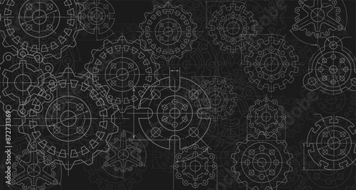 Engineering industrial background from technical drawing elements. Horizontal dark backdrop for engenering, industrial, technology or automation conceptual design.