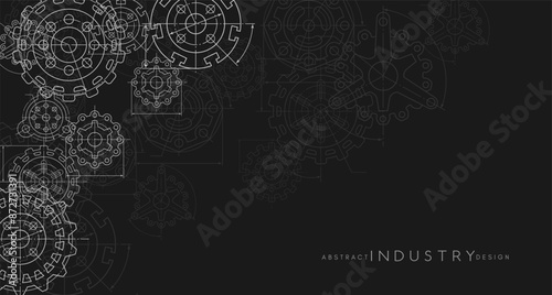 Engineering industrial background from technical drawing elements. Horizontal dark banner for engenering, industrial, technology or automation conceptual design.