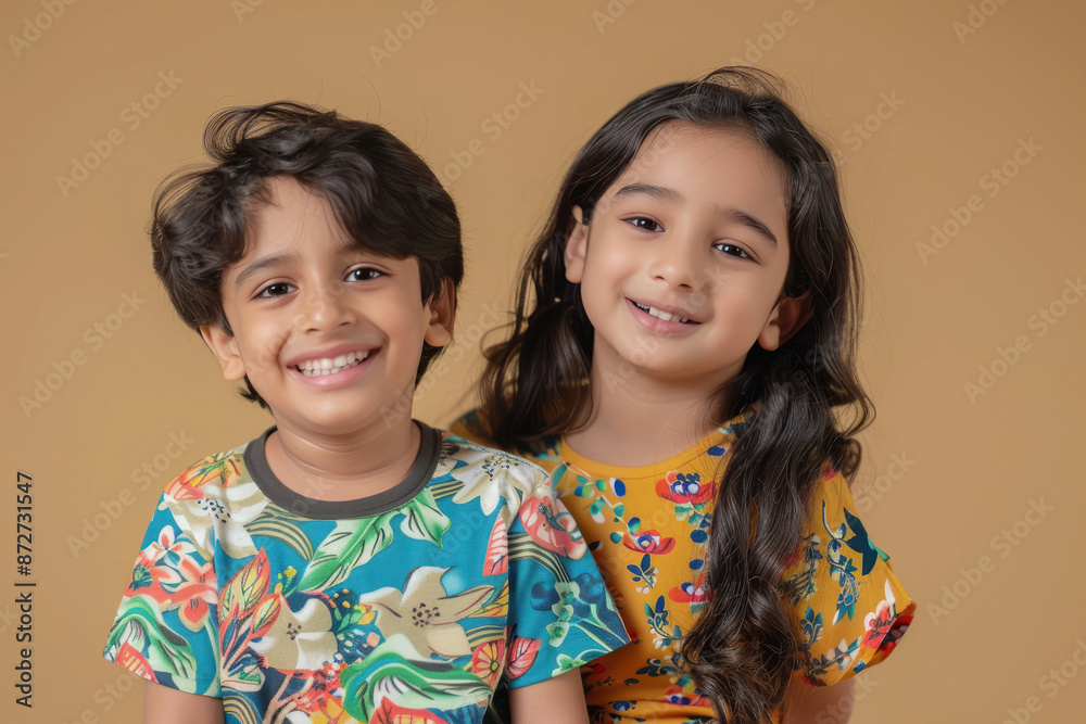 Little Boy Wearing summer print T-shirt and Girl in Summer Top Little Boy Wearing summer print T-shirt and Girl in Summer Top