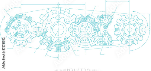 Engineering industrial background from technical drawing elements. Horizontal light blue banner for engenering, industrial, technology or automation conceptual design.