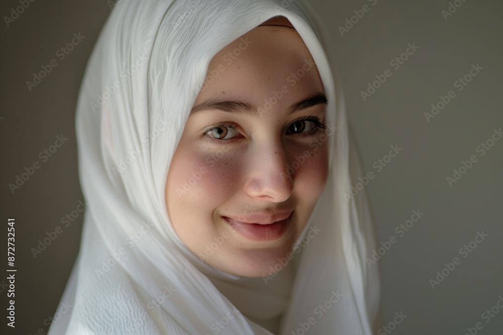 Adorned in a white hijab, a smiling young woman poses in a studio, radiating charm and positivity. Witness her captivating. Adorned in a white hijab, a smiling young woman poses in a studio, radiating charm and positivity. Witness her captivating.