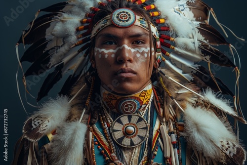 Adorned in symbolic cultural jewelry, a Native American man stands proudly in a studio portrait, embodying the strength and beauty of his heritage. Immerse yourself in tradition. photo