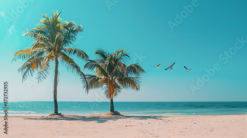 A beautiful blue sky with palm trees and birds flying in the background
