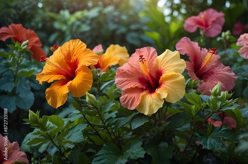 A garden filled with various colored Hibiscus flowers in full bloom, focusing on the diversity and lushness of the flowers 