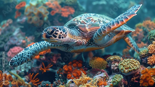 A playful sea turtle swimming in the ocean, its shell overlaid with an underwater coral reef scene, reflecting the beauty and diversity of marine life © Nattapong