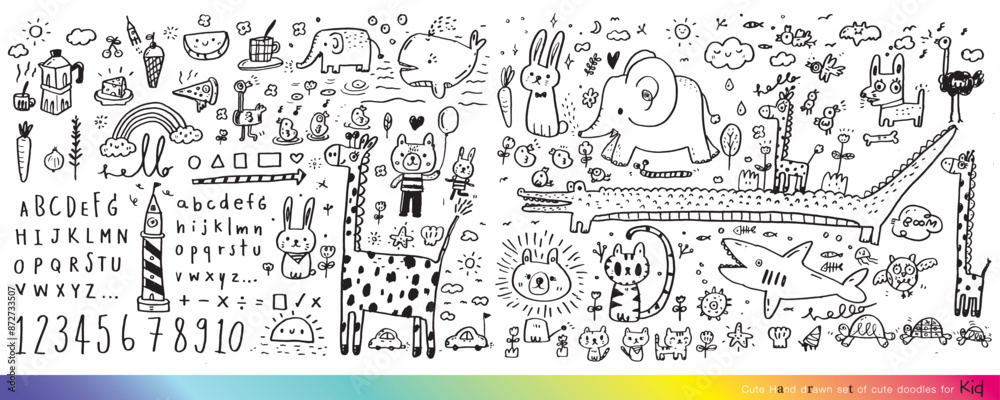 Obraz premium Collection of hand drawn cute doodles,Doodle children drawing,Sketch set of drawings in child style,Funny Doodle Hand Drawn,Page for coloring, cute animal hand drawn, cute Doodle