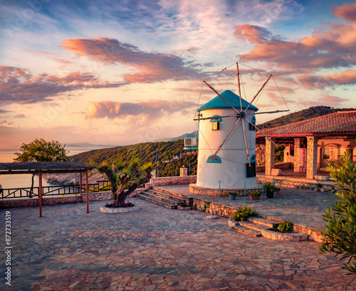 Obraz na plátně Attractive morning view of Potamitis Windmill
