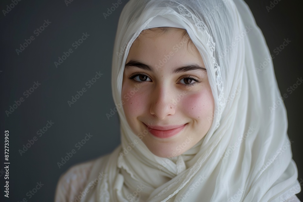 Captured in a studio setting, a young woman with a charming smile dons a white hijab, symbolizing grace and beauty. Experience her captivating presence. Captured in a studio setting, a young woman with a charming smile dons a white hijab, symbolizing grace and beauty. Experience her captivating presence.