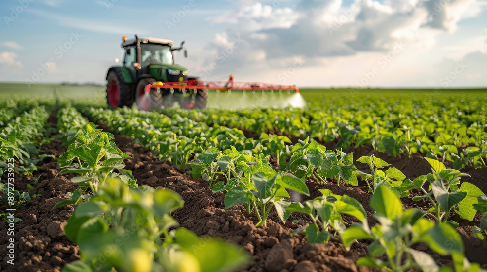tractor spraying pesticide at agriculture field