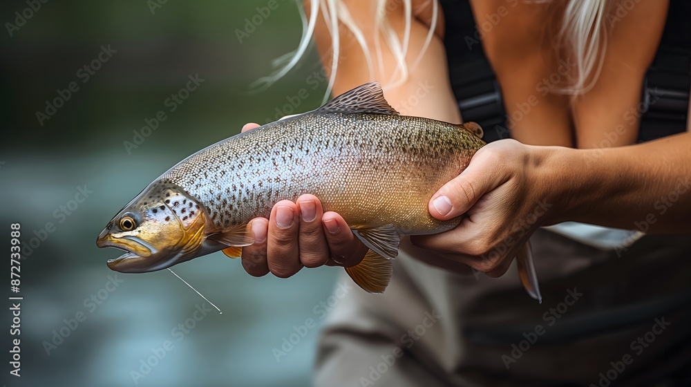 Woman holding freshly caught trout while fly fishing
