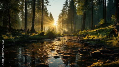 Golden hour sunlight streaming through forest © Komcad