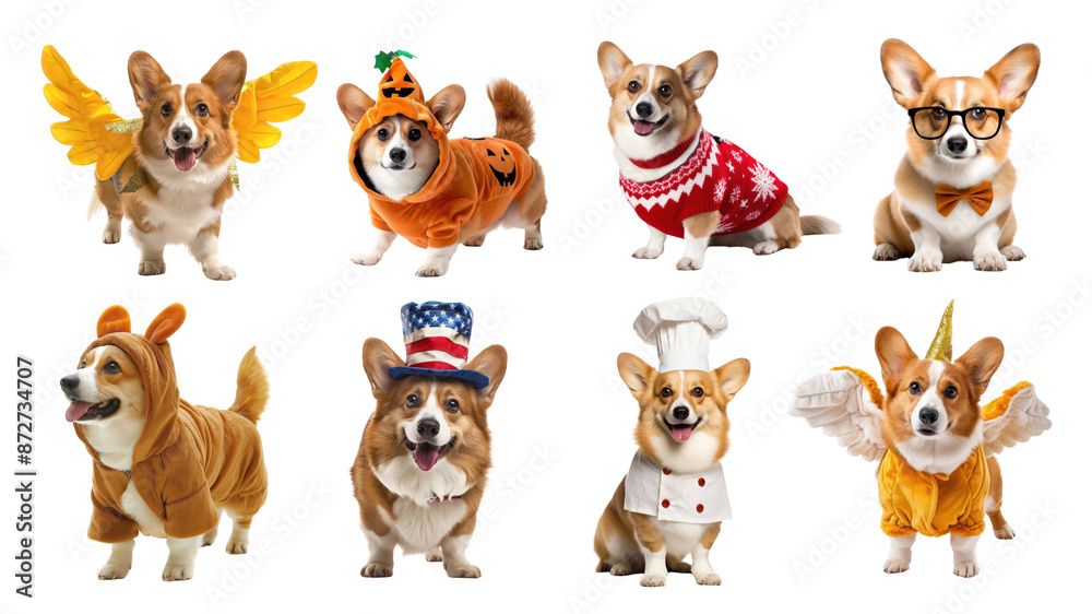 Obraz premium Corgi in costume png element set, transparent background