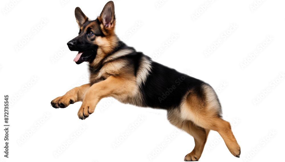 Energetic German Shepherd Dog jumping in mid-air showcasing agility and strength isolate on transparent background, cutout, png